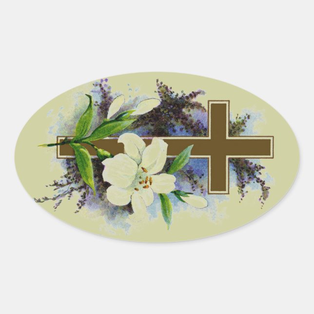 Pegatina Ovalada Cruz cristiana dorada (Anverso)