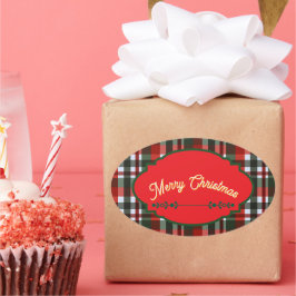 Pegatina Ovalada Cuadro escocés rojo y verde Feliz Navidad