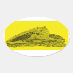 Pegatina Ovalada Cuervo con lobo diseño negro amarillo