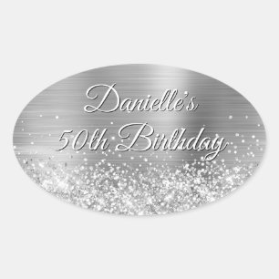 Pegatina Ovalada Cumpleaños 50 Brillante con Hoja de Plata