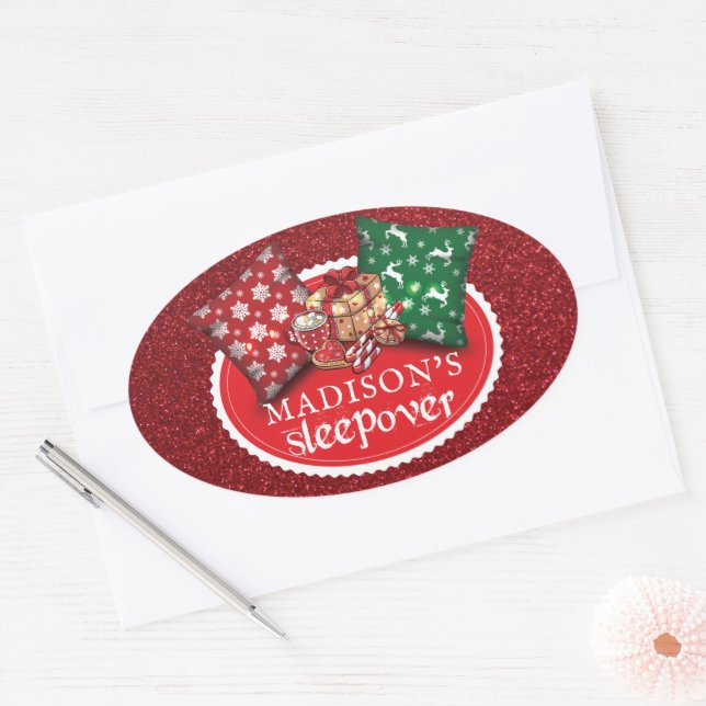 Pegatina Ovalada Cumpleaños de la Sleepover de Invierno Personaliza (Sobre)