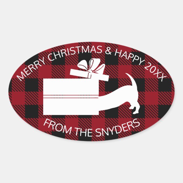 Pegatina Ovalada Curioso Dachshund en regalo (Anverso)