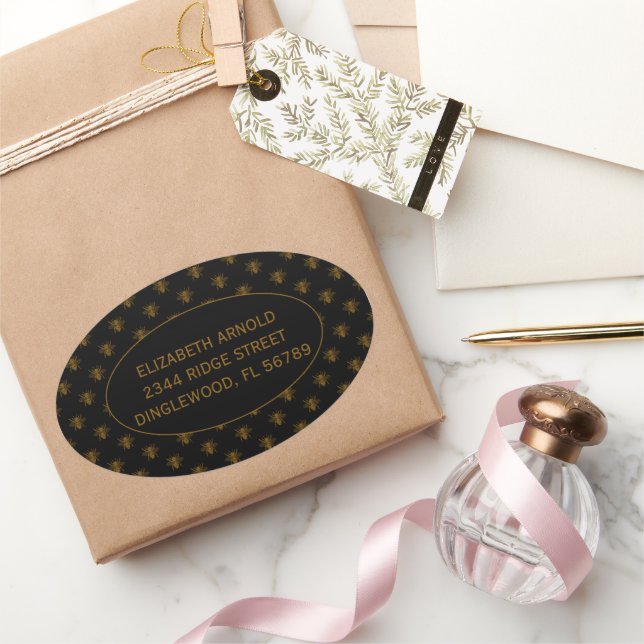 Pegatina Ovalada Custom Name Gold Metallic Foil Bees on Black (Regalar)