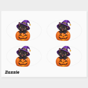 Pegatina Ovalada Cute Black Cat Halloween Bruja Pumpkin Sticker Ell