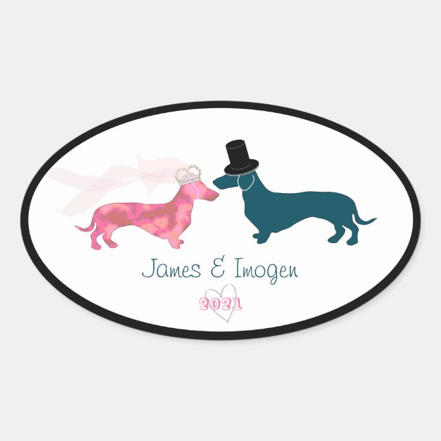 Pegatina Ovalada Cute Bride y Groom Dachshund (Anverso)