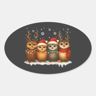 Pegatina Ovalada Cute Christmas Owls with Santa Hats & Reindeer