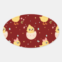 Pegatina Ovalada Cute Easter Chick with Pink Bow Seamless Pattern 