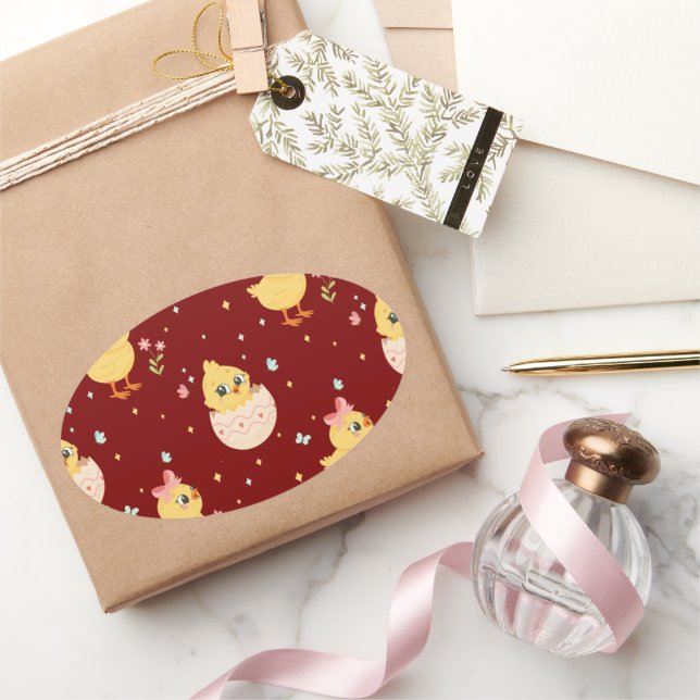 Pegatina Ovalada Cute Easter Chick with Pink Bow Seamless Pattern  (Regalar)