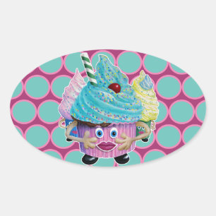 Pegatina Ovalada Cute Fantasy Creatur Cupcakes Illustrated