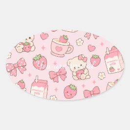 Pegatina Ovalada Cute Kawaii Teddy Bear Strawberry Pattern Sticker 