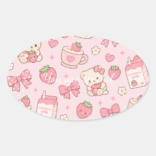 Pegatina Ovalada Cute Kawaii Teddy Bear Strawberry Pattern Sticker 