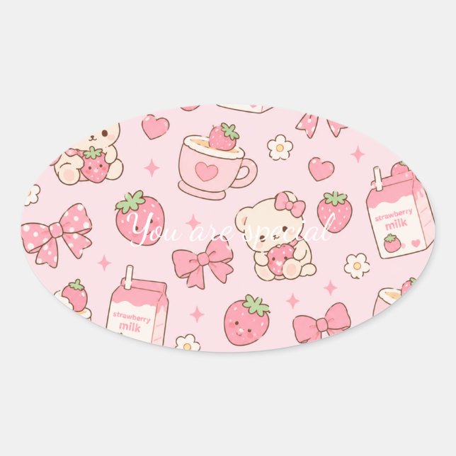 Pegatina Ovalada Cute Kawaii Teddy Bear Strawberry Pattern Sticker  (Anverso)