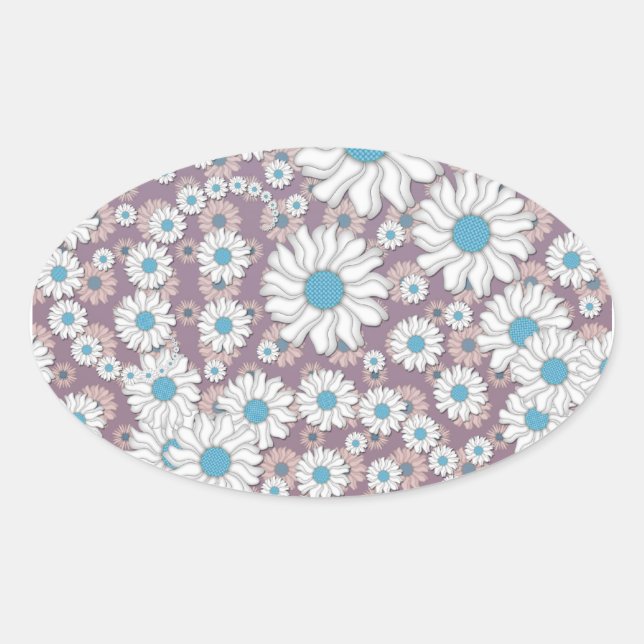 Pegatina Ovalada Cute Lavender White Blue Fantasy Daisisies (Anverso)