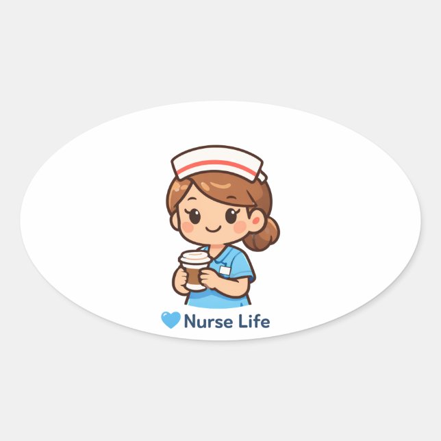 Pegatina Ovalada Cute Nurse Life Coffee Illustration | Nurse Sticke (Anverso)