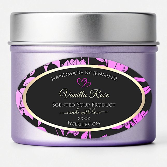 Pegatina Ovalada Cute Pink and Black Floral Product Labels Hearts (Subido por el creador)