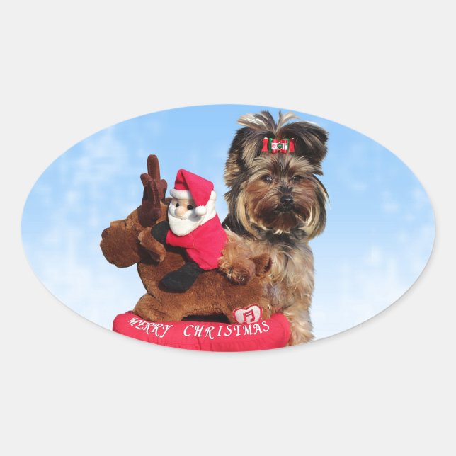 Pegatina Ovalada Cute Yorkshire Terrier Merry Christmas (Anverso)