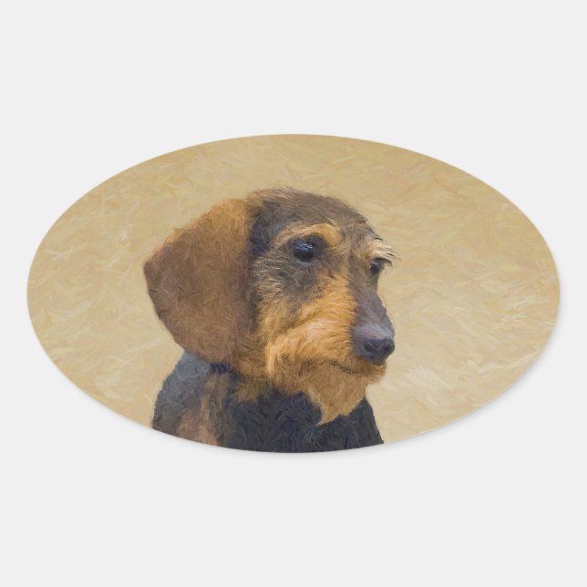 Pegatina Ovalada Dachshund (Cabezal alambrada) Pintura original de  (Anverso)