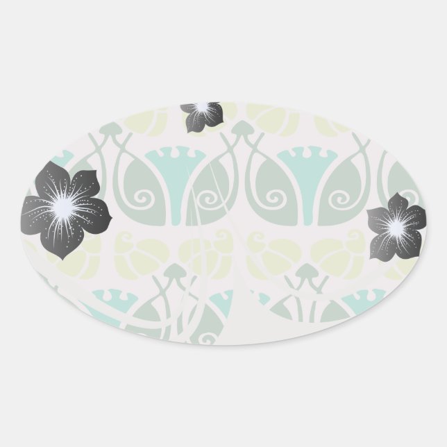 Pegatina Ovalada damasco con flores ornamental chic y poco profundo (Anverso)