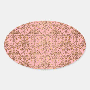 Pegatina Ovalada Damasco Rosa Sonrojado y Dorado Elegante