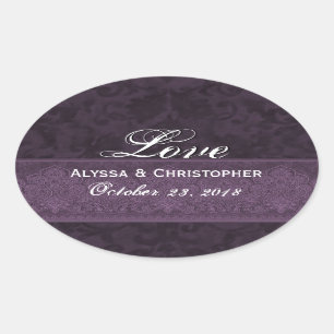 Pegatina Ovalada Damasco y cinta púrpuras del amor de la boda