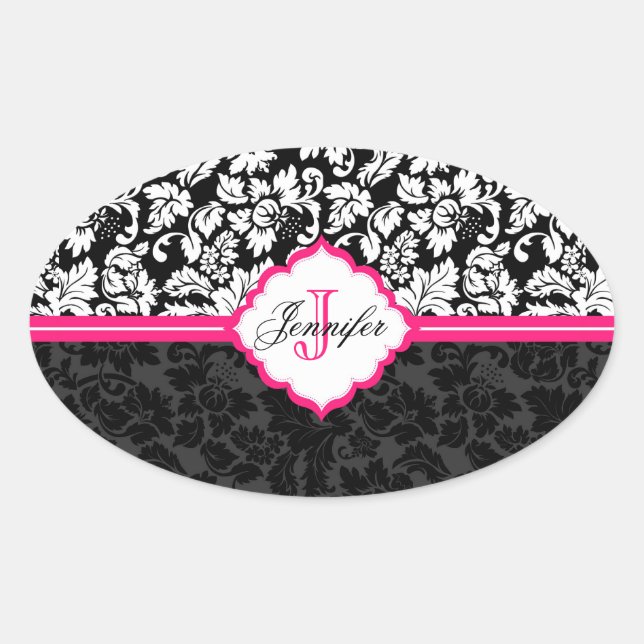 Pegatina Ovalada Damascos florales blancos y rosados negros (Anverso)