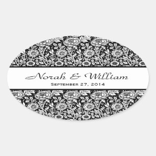 Pegatina Ovalada Damask boda Damask Damasco floral blanco y negro