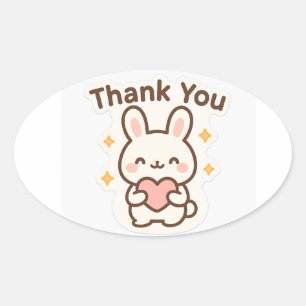Pegatina ovalada de conejo Kawaii agradecido