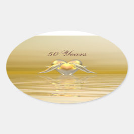 Pegatina Ovalada Delfines del Aniversario Dorado y Corazón