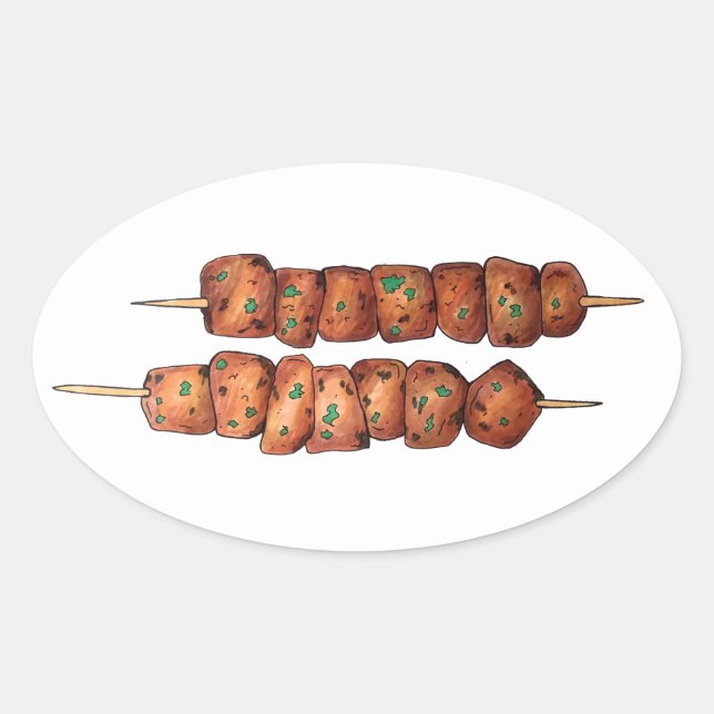 Pegatina Ovalada Deliciosa Souvlaki Carne de cerdo Skewer Cocina gr (Anverso)