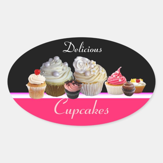 Pegatina Ovalada DELICIOSOS CUPCAKES PARTIDO DE CUMPLEAÑOS, negro r (Anverso)