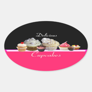 Pegatina Ovalada DELICIOSOS CUPCAKES PARTIDO DE CUMPLEAÑOS, negro r