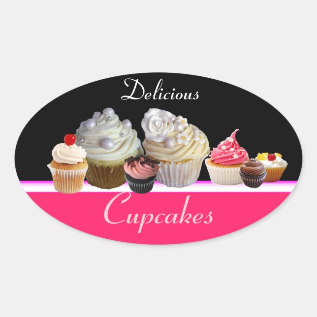 Pegatina Ovalada DELICIOSOS CUPCAKES PARTIDO DE CUMPLEAÑOS, negro r (Anverso)