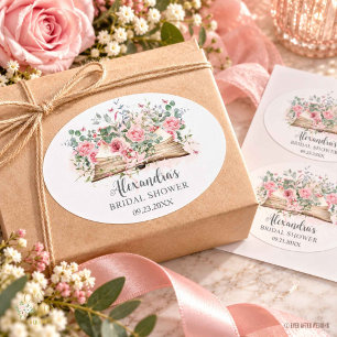 Pegatina Ovalada Despedida de soltera con libro floral rosa sonroja