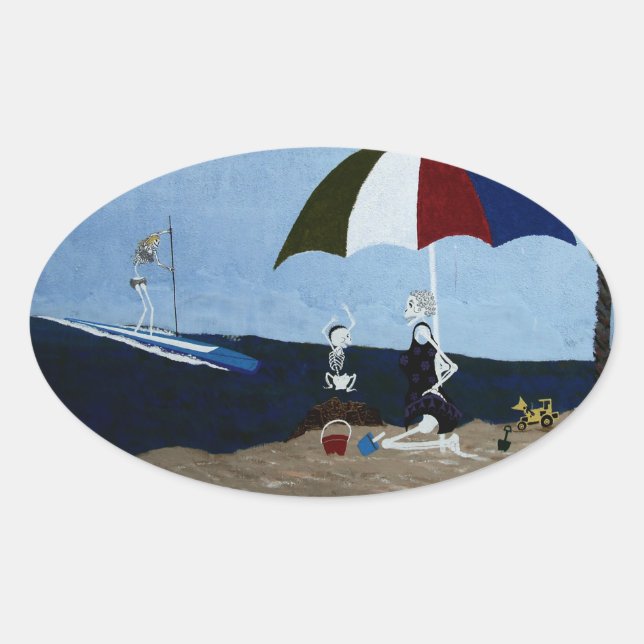 Pegatina Ovalada Día de la abuela en la playa (Anverso)