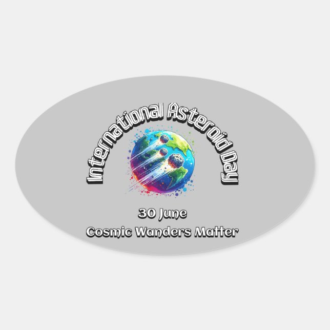 Pegatina Ovalada Día Internacional de los Asteroides. La importanci (Anverso)