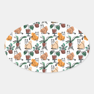 Pegatina Ovalada Dibujo en línea de gatos y flores