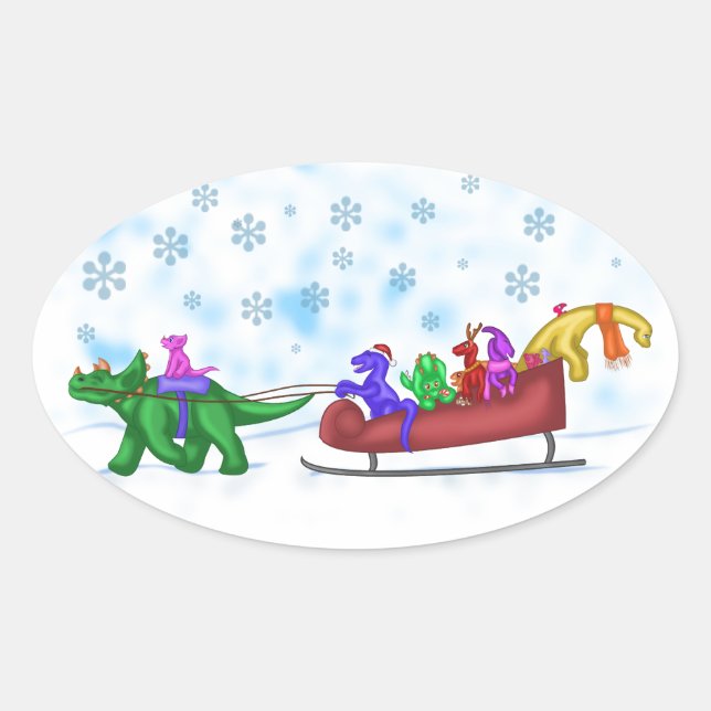 Pegatina Ovalada Dinosaur Sleigh Ride (Anverso)