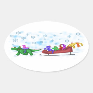 Pegatina Ovalada Dinosaur Sleigh Ride