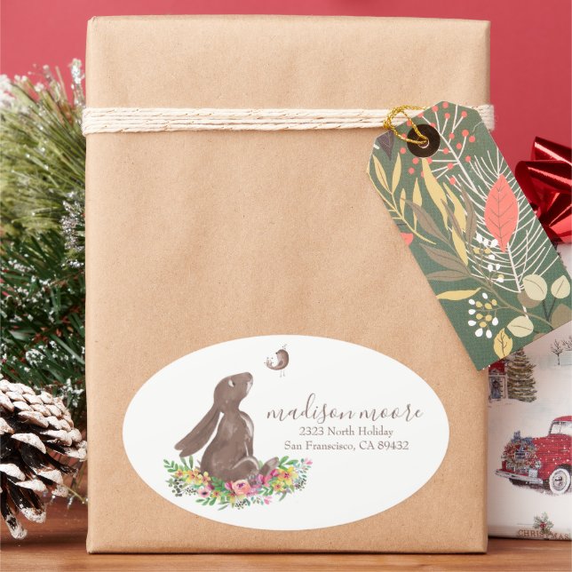 Pegatina Ovalada Dirección de correo/devolución floral de conejo pe (Vacaciones)