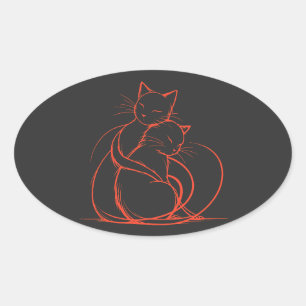 Pegatina Ovalada Diseño de abrazo de gato minimalista - Amor felino
