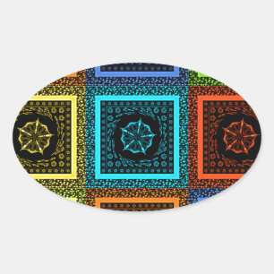 Pegatina Ovalada Diseño de arte de patrones multicolores con cuadro