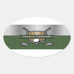 Pegatina Ovalada Diseño de monograma de golf con escudo de oro eleg