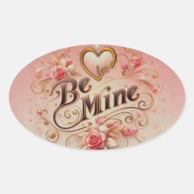 Pegatina Ovalada Diseño de San Valentín Sé Mío con Corazón, Cita (Anverso)