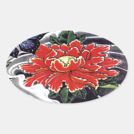 Pegatina Ovalada Diseño de tatuajes japoneses con flores de Peony