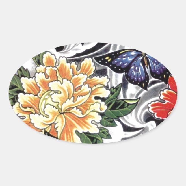 Pegatina Ovalada Diseño de tatuajes para peones amarillos y maripos (Anverso)