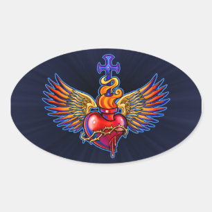 Pegatina Ovalada Diseño del Sagrado Corazón de Alas