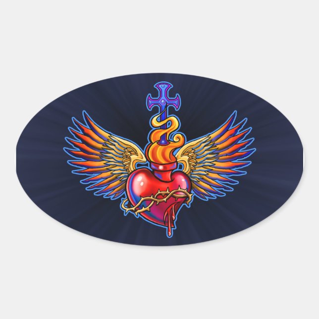 Pegatina Ovalada Diseño del Sagrado Corazón de Alas (Anverso)