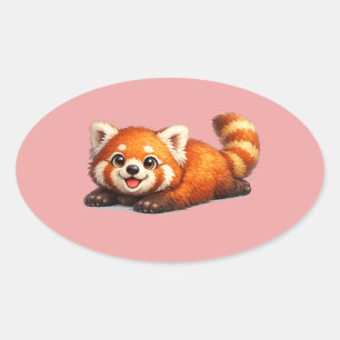 Pegatina Ovalada Diseño Kawaii de Animal Panda Rojo Lindo Relajándo