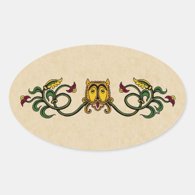 Pegatina Ovalada Diseño medieval de leones (Anverso)