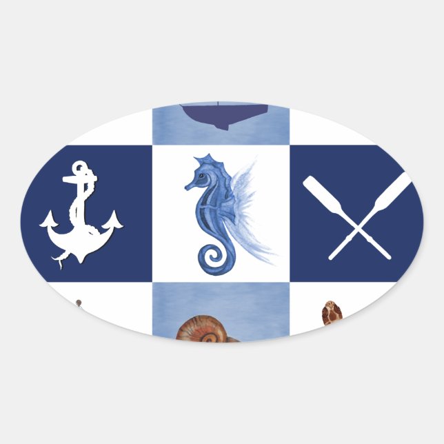 Pegatina Ovalada Diseños oceánicos náuticos (Anverso)